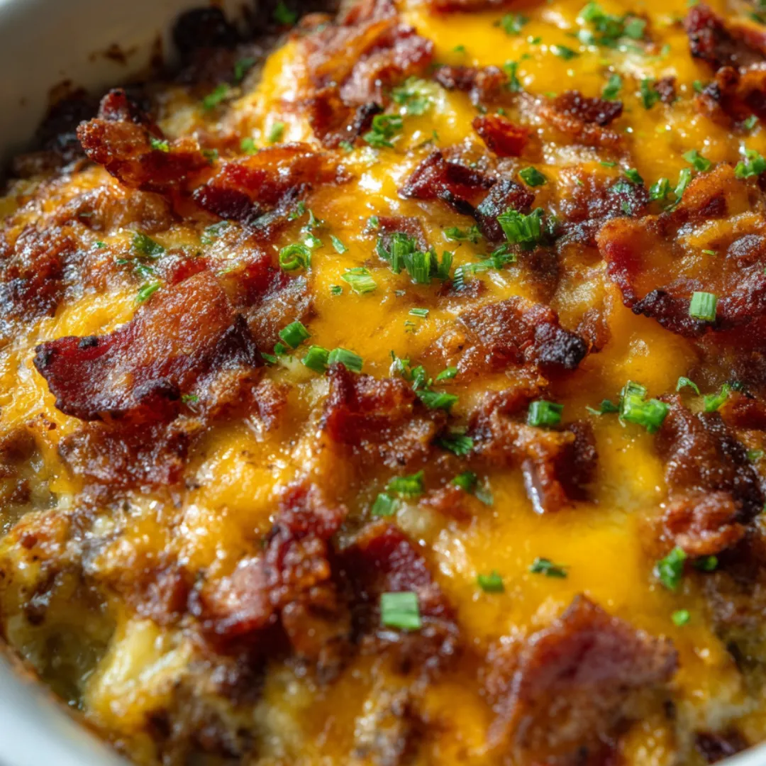 Casserole bowl packed with cheese and bacon.