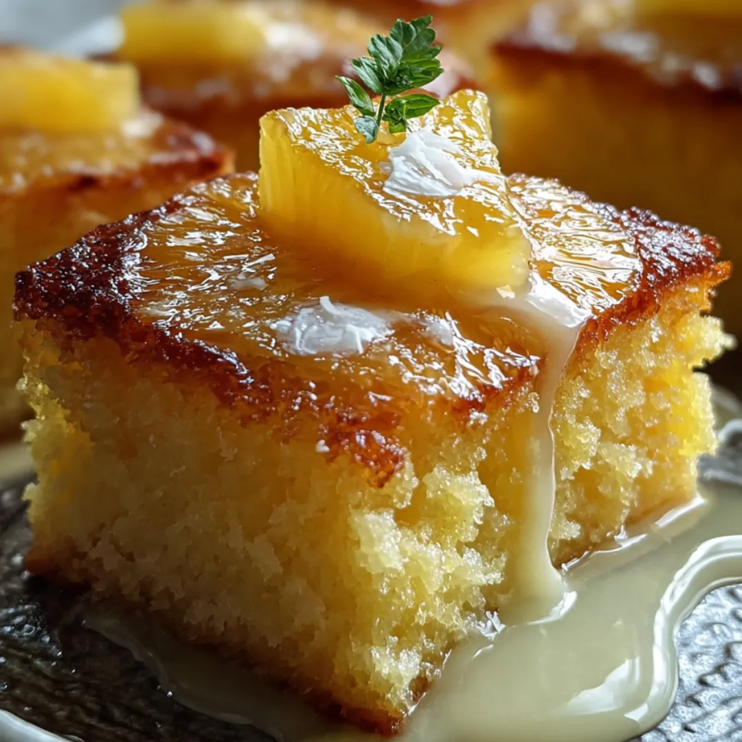 Slice of fluffy yellow cake topped with a green leaf on a white plate.