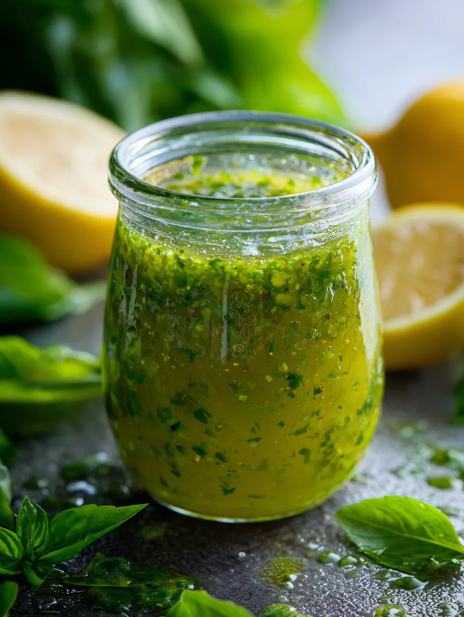 Glass jar filled with green dressing and topped with a lemon wedge.