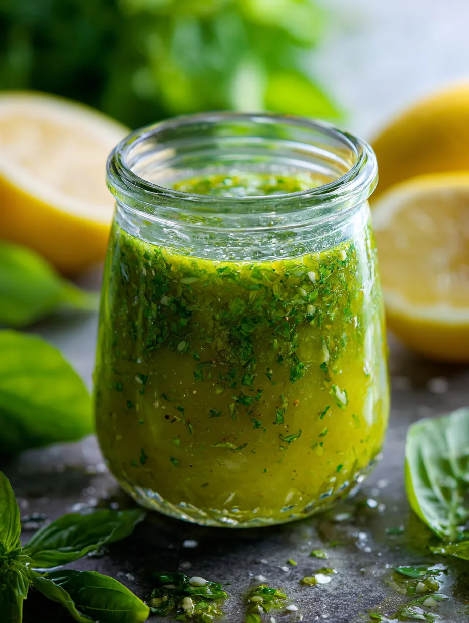 Jar filled with green dressing beside lemon slices.