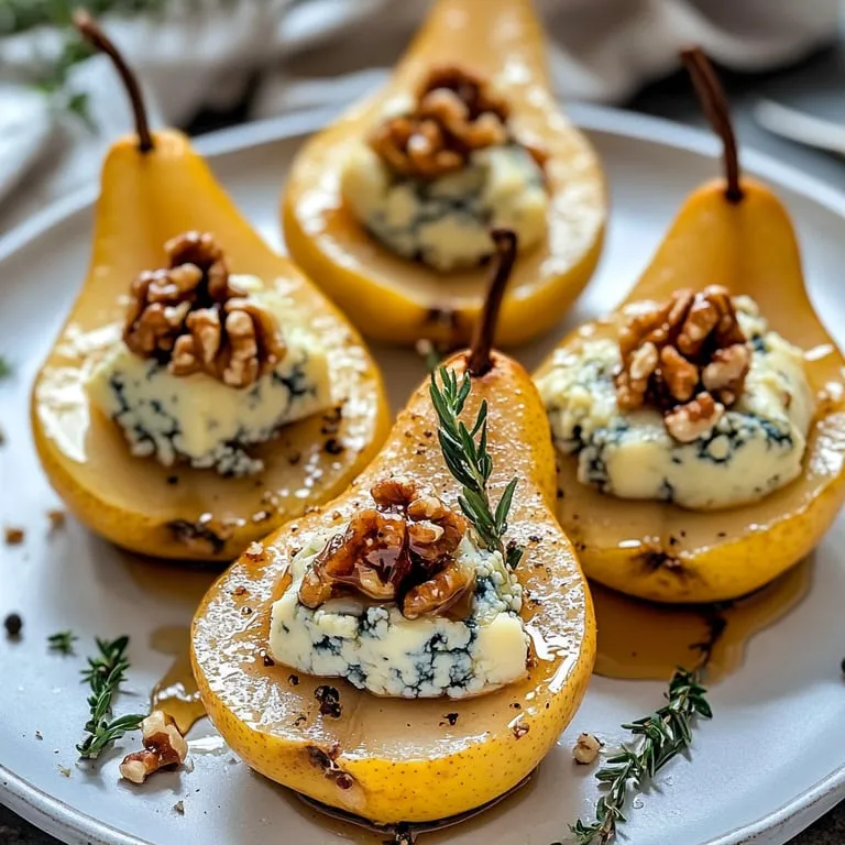 Pear halves topped with blue cheese and walnuts.