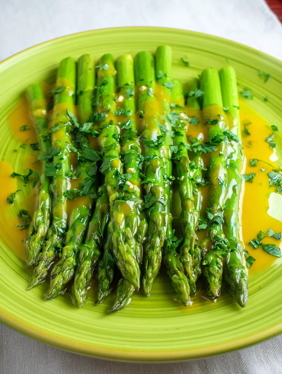 A plate showing bright green asparagus with drizzled sauce.