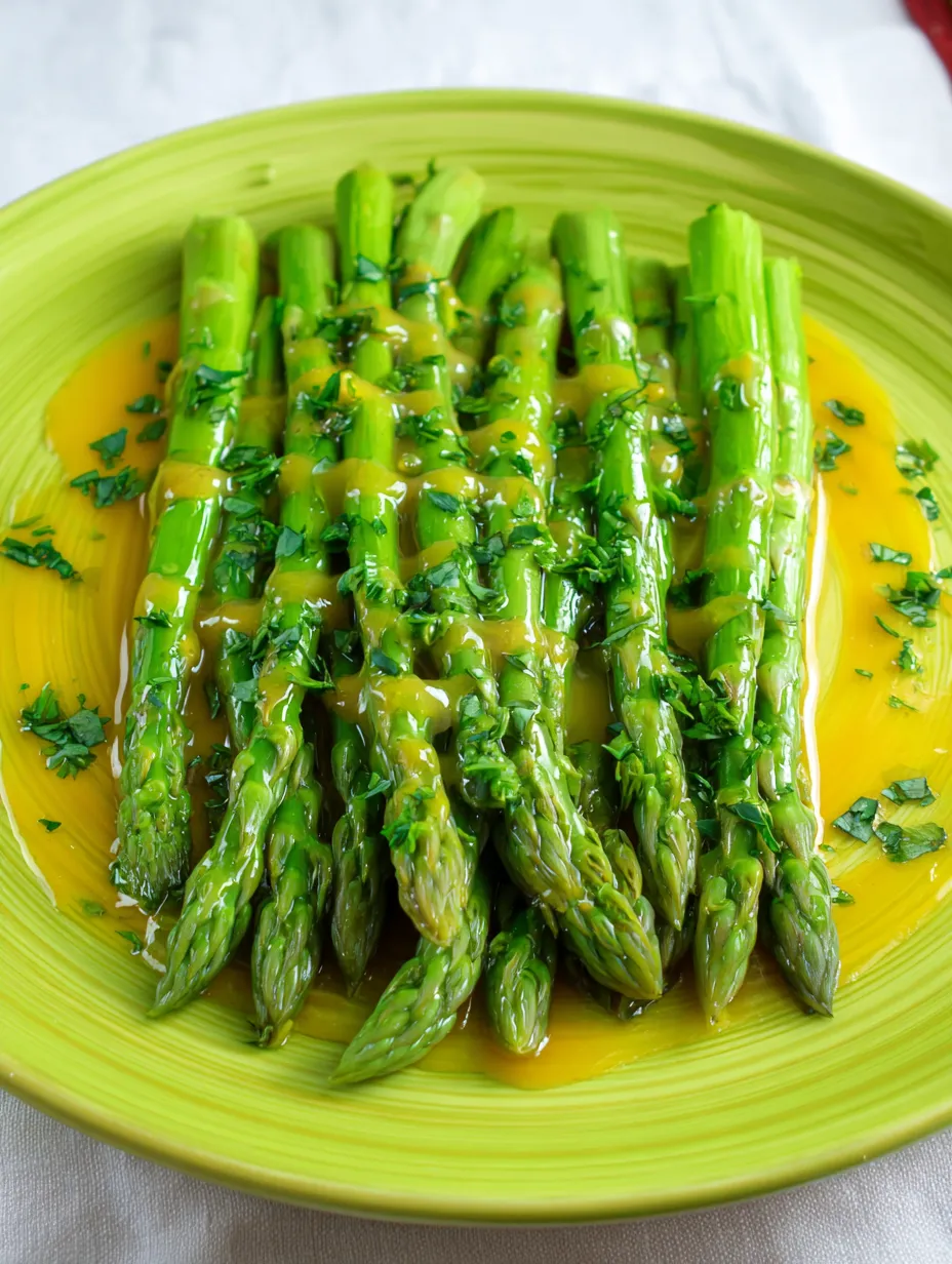 Cooked asparagus arranged on a plate and topped with an orange-hued sauce.