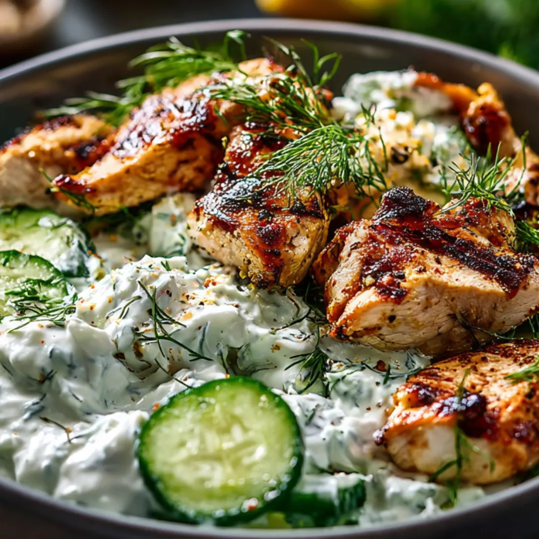 Chicken, cucumbers, and a creamy sauce sharing a big plate.