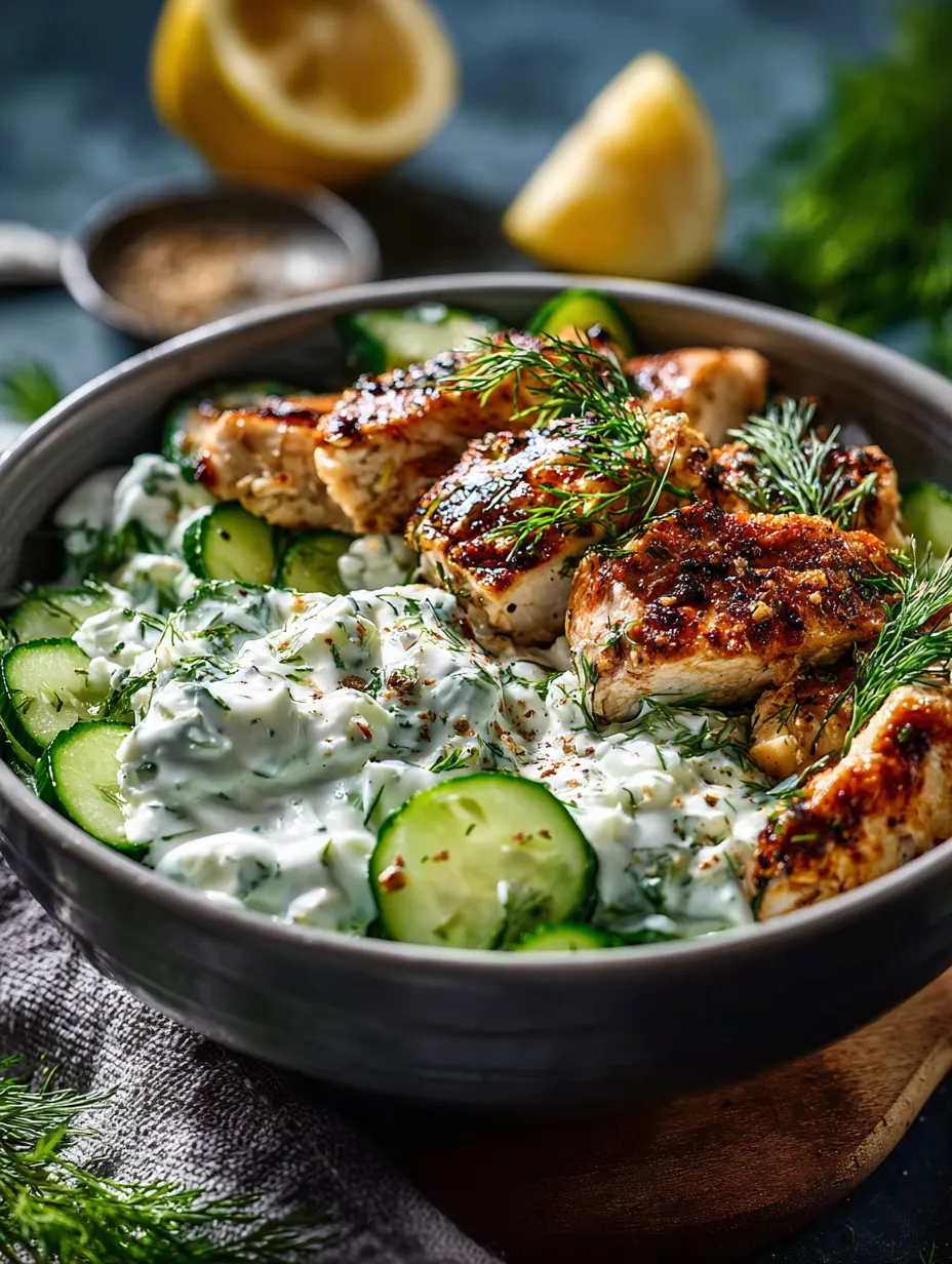 A bowl of food with chicken, cucumbers, and sauce.