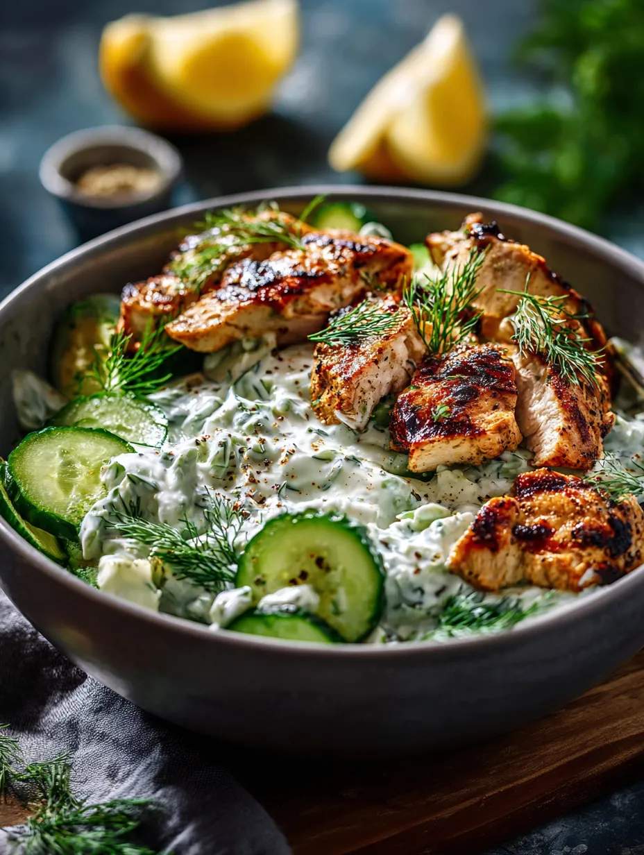 A bowl of food with chicken, cucumbers, and lemon.