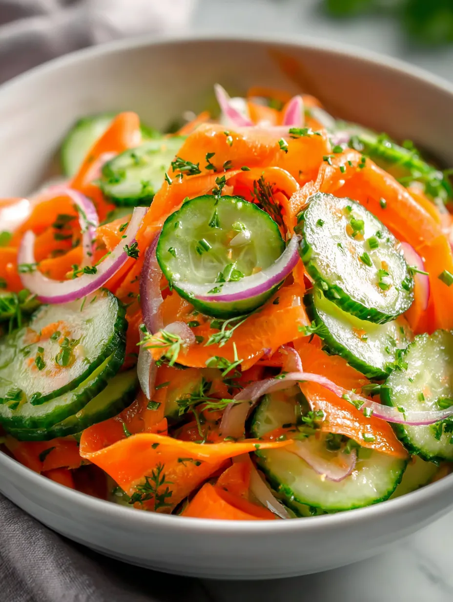 A bowl of vegetables including carrots, cucumbers, and onions.