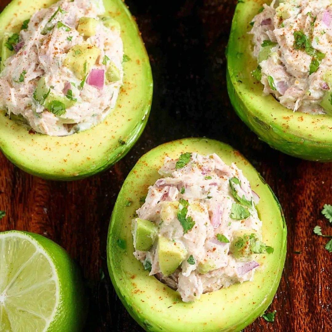 Three avocado halves loaded with a rich, chunky salad.