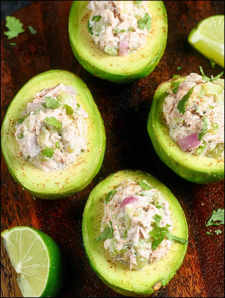 An avocado plate filled with tuna salad.