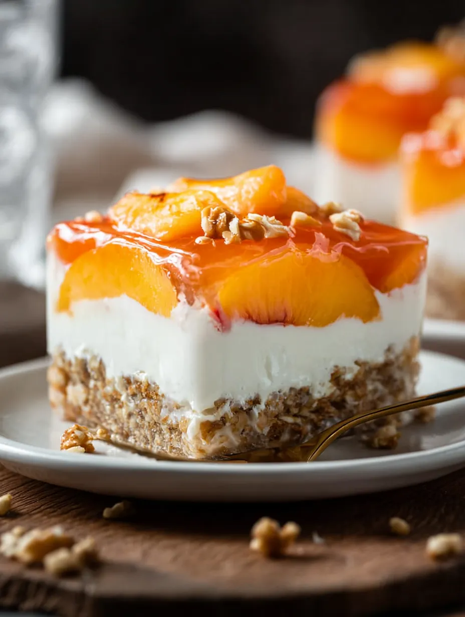 A slice of peach cake with a fork on a plate.