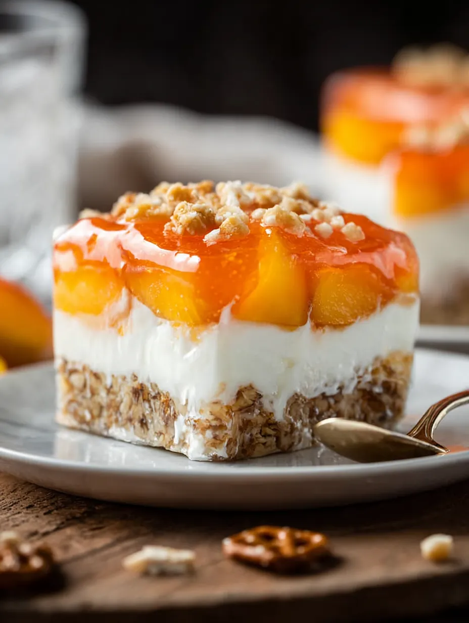 A slice of peach cobbler with a spoon on the side.