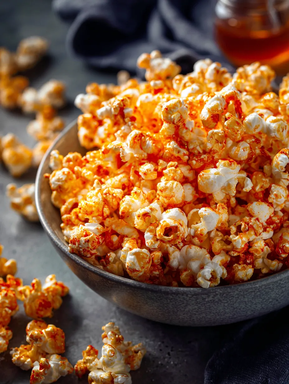 Popcorn in a bowl, showing orange tints on the kernels.