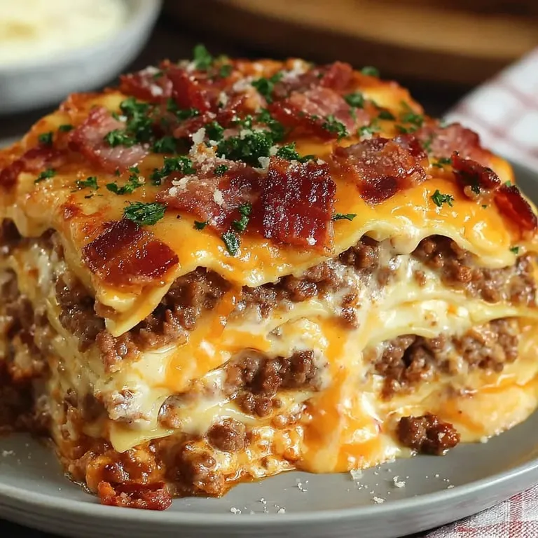 Bacon and cheesy lasagna on a plate.