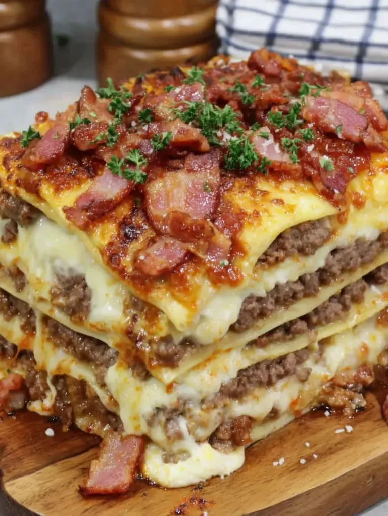 A pile of cheeseburger sandwiches stacked up with cheese and bacon showing.