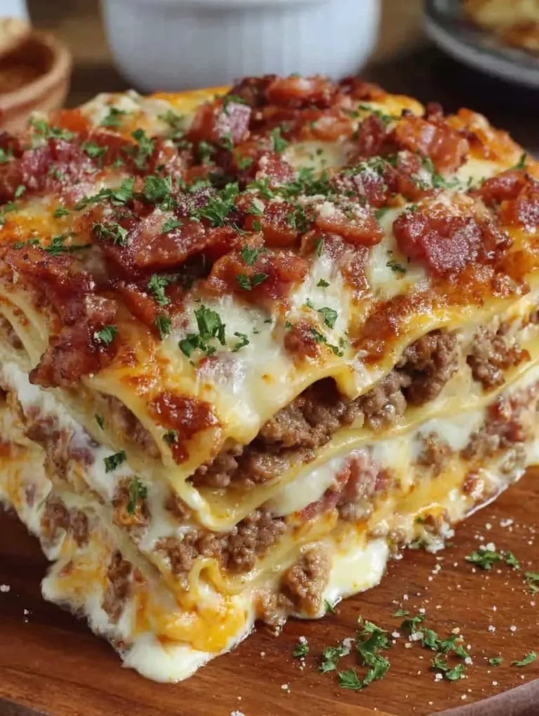 Layered lasagna with cheese and beef bacon.
