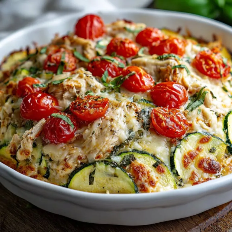 A dish full of tomatoes and zucchini goodness.