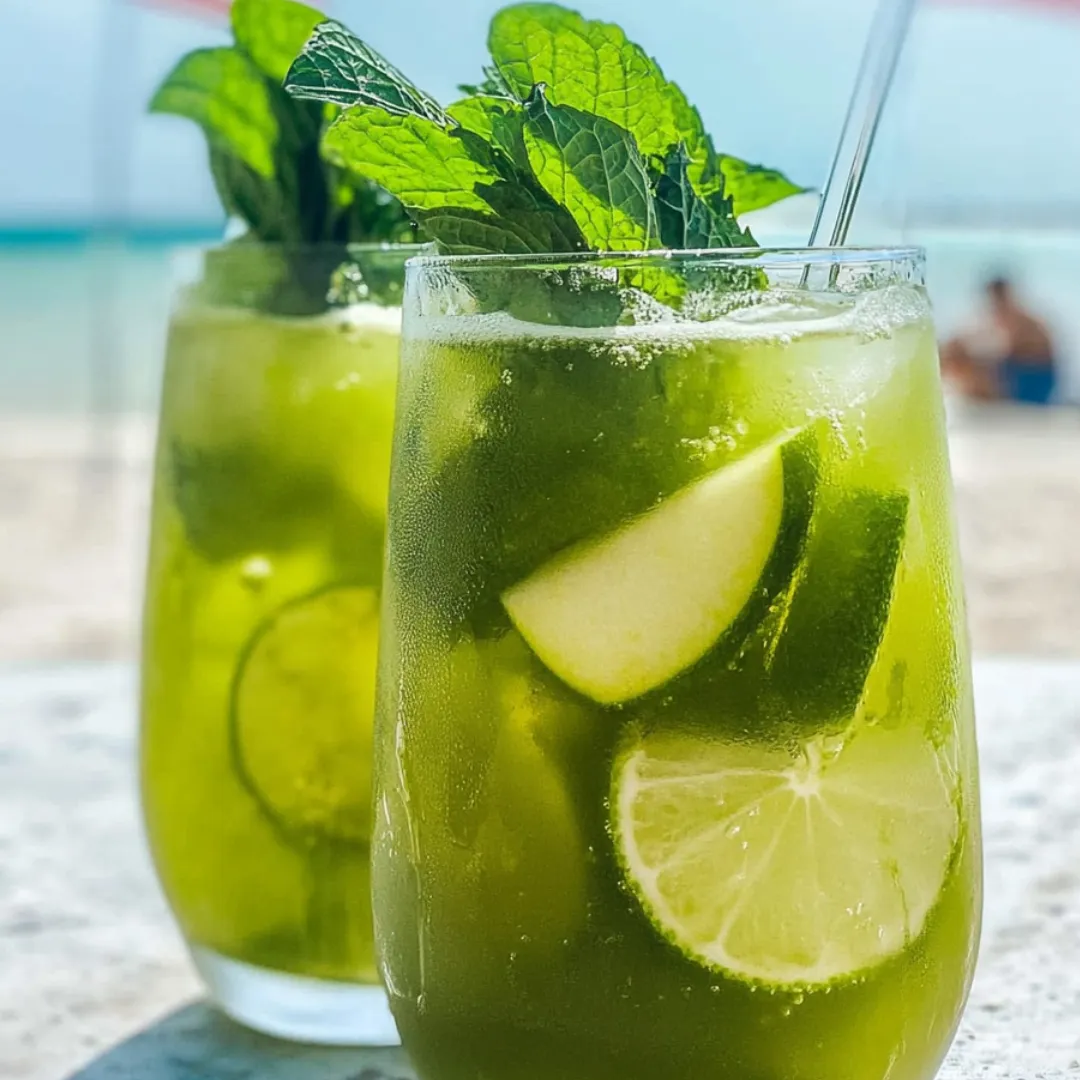 Glasses filled with green tea, lime slices, and ice cubes.
