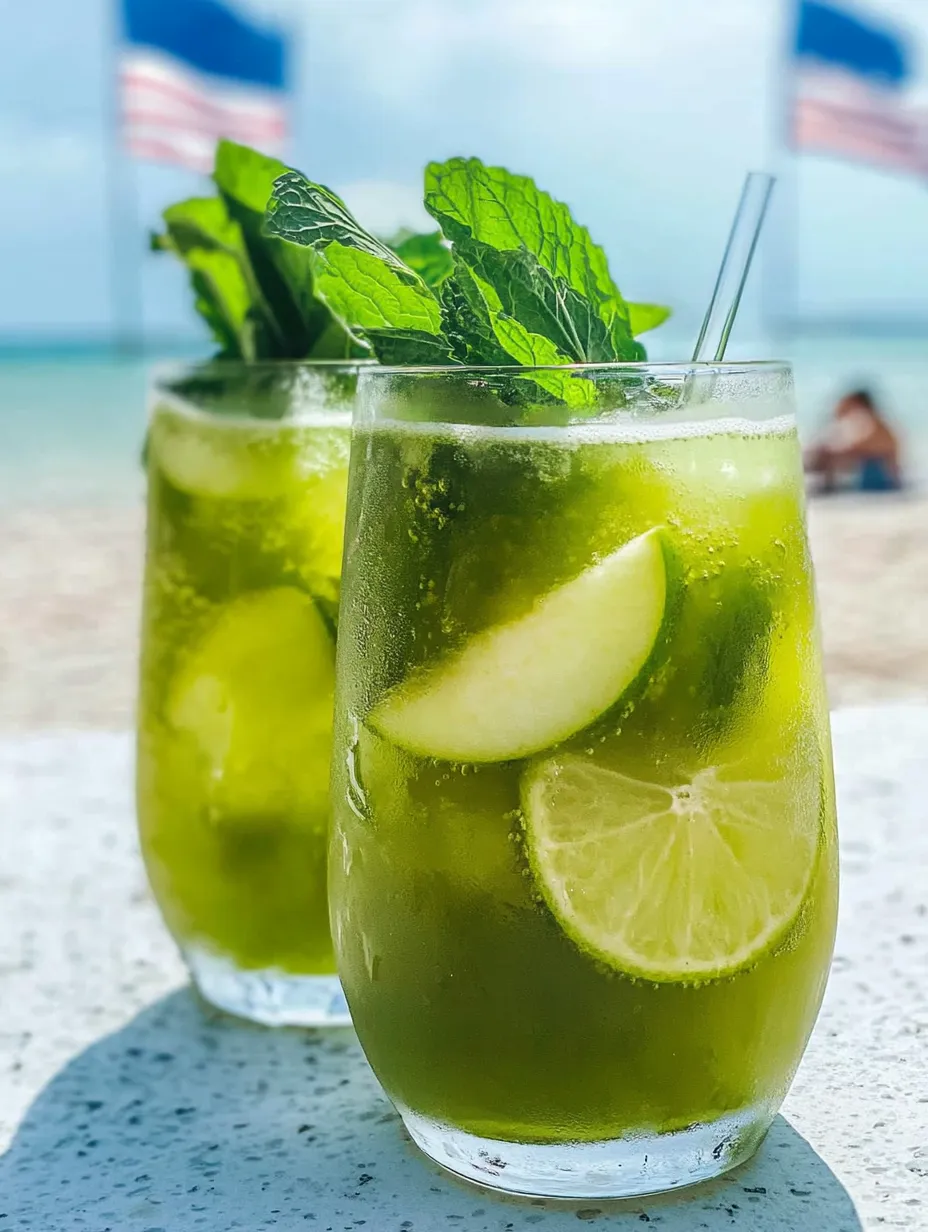 Two bright green drinks in glasses topped with lemon wheels.