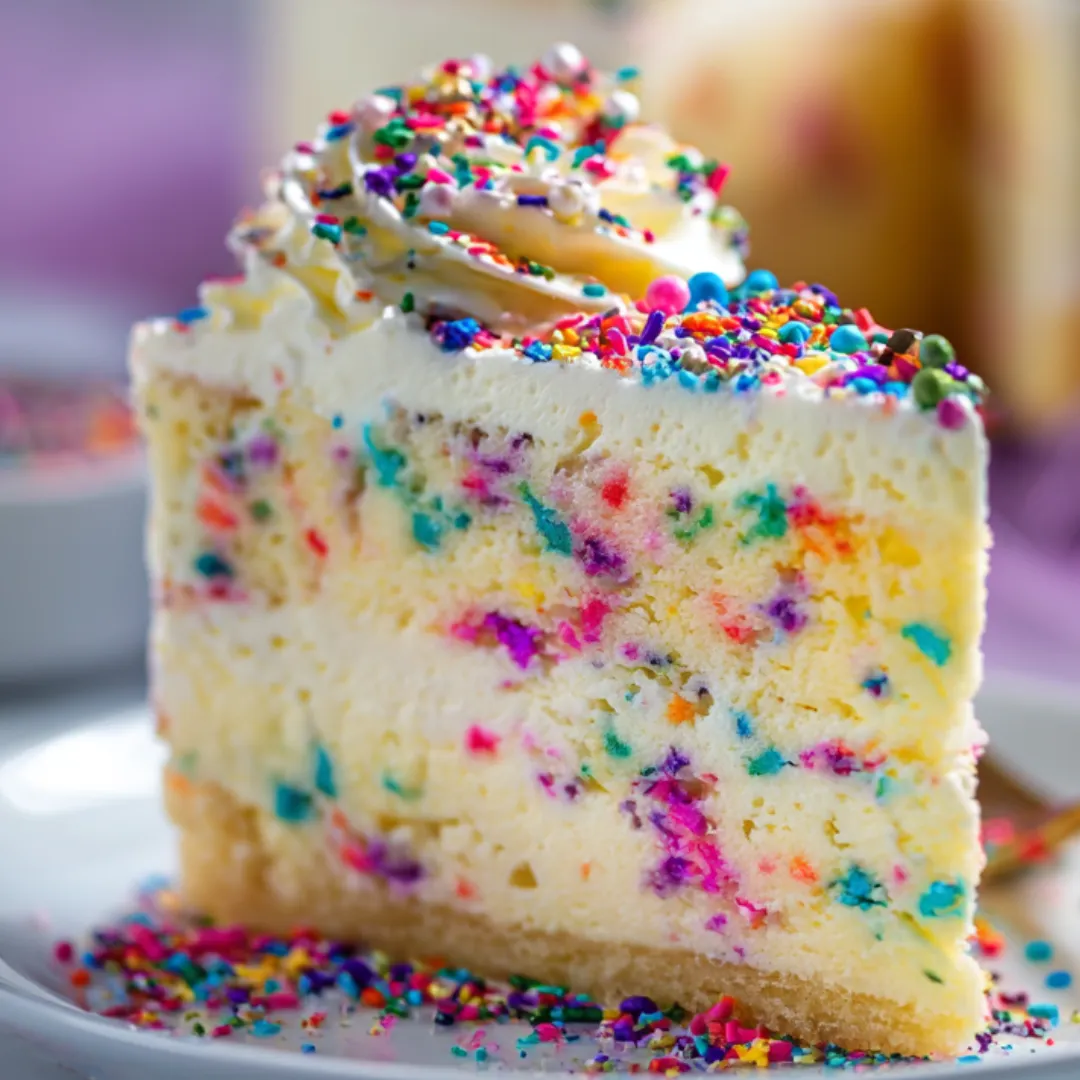 Cake slice with rainbow sprinkles on a white plate.