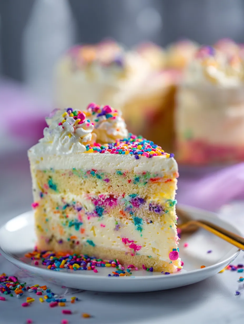 A slice of cake with sprinkles on a plate.
