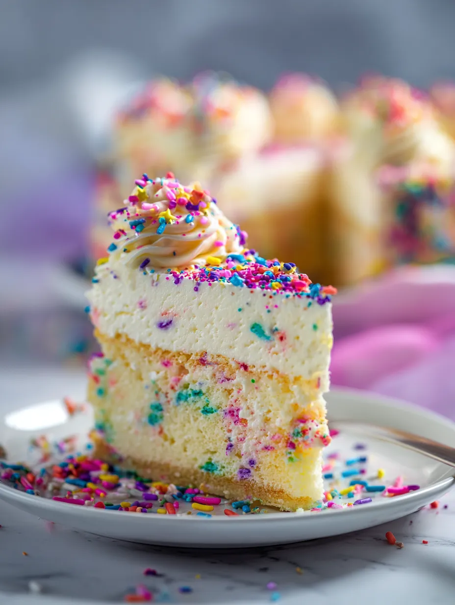 A slice of cake with sprinkles on a plate.