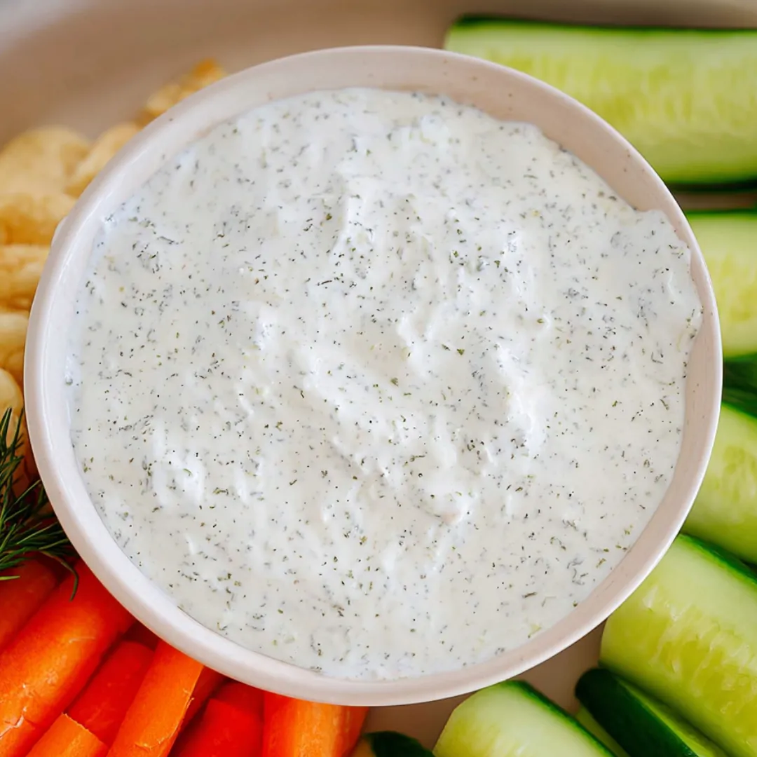 White creamy dip in a bowl, surrounded by colorful veggies.