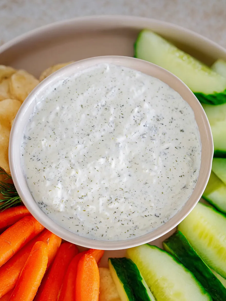 Bowl of herby dip with fresh veggies like carrots and cucumbers.