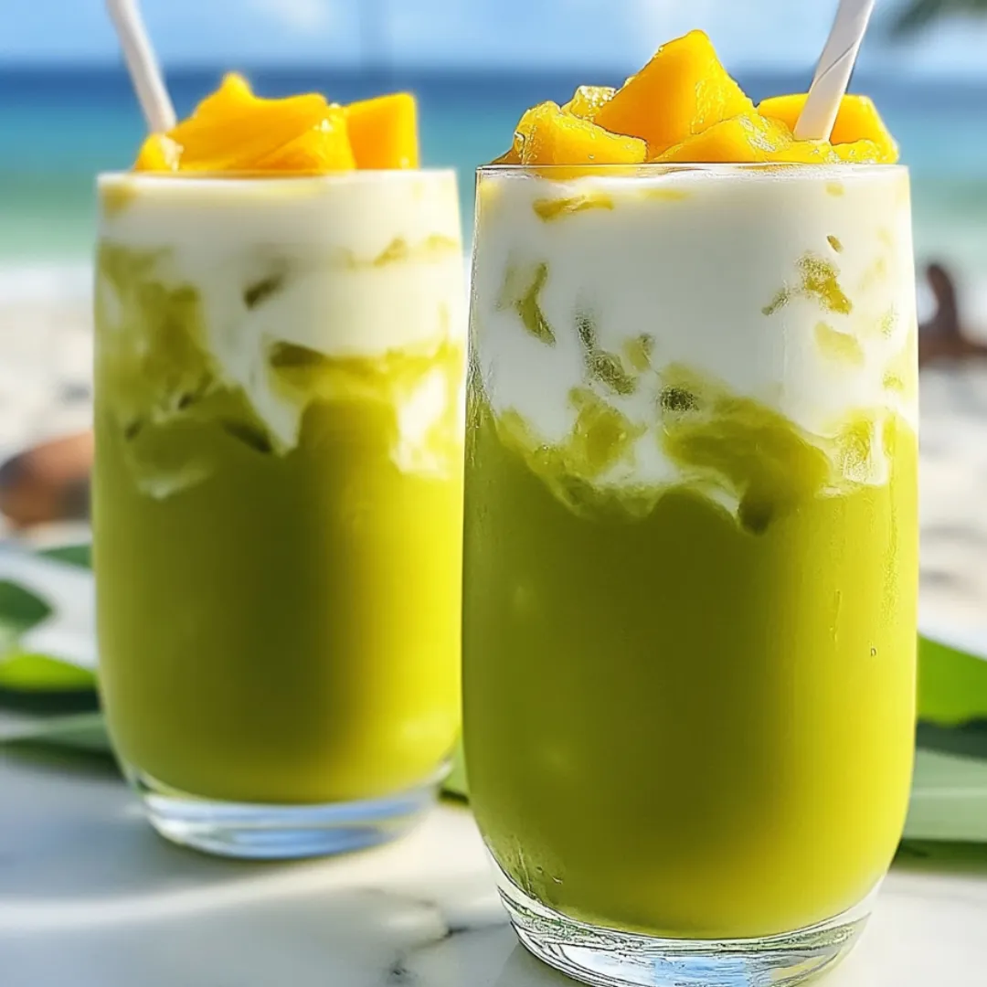 Two tall glasses filled with a green layered drink.