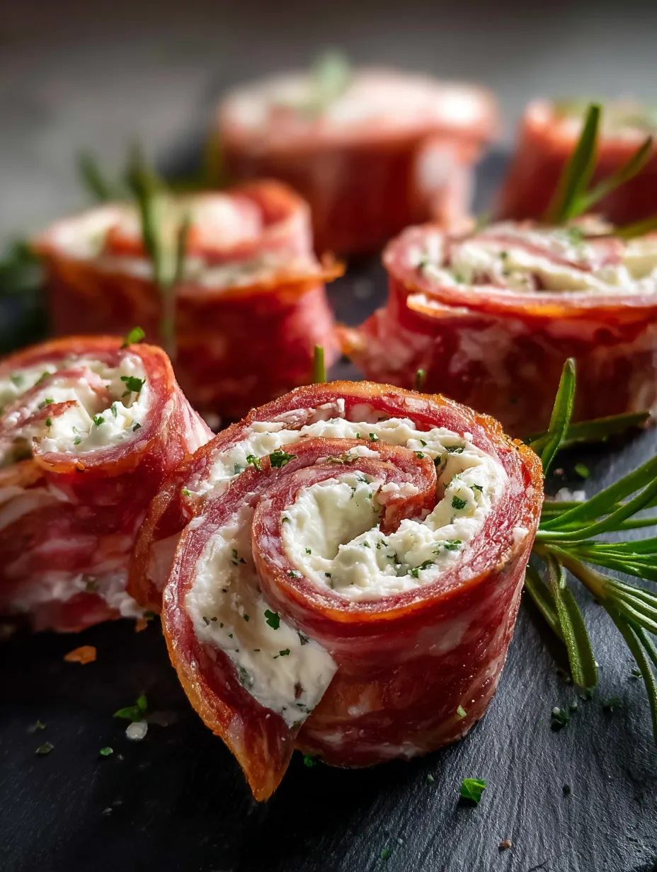 Meaty bites wrapped with bacon, cheese, and green herbs.