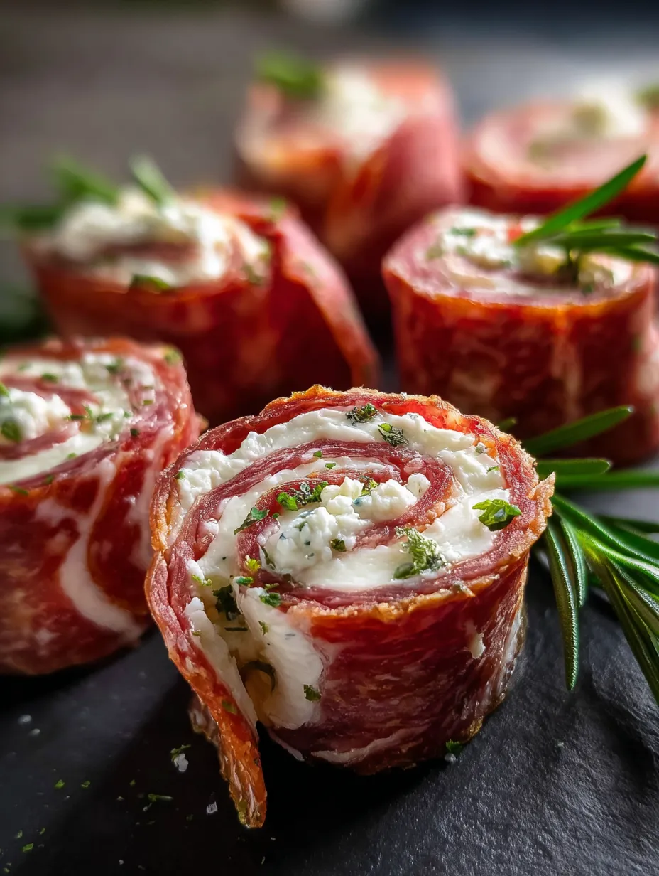 Cheesy rolled meat bites on a plate.