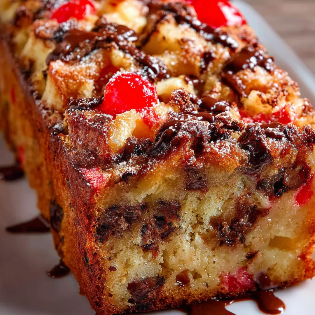 A thick slice full of chocolate and cherries.