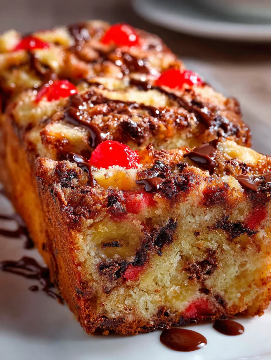A thick slice dotted with chocolate and cherries.
