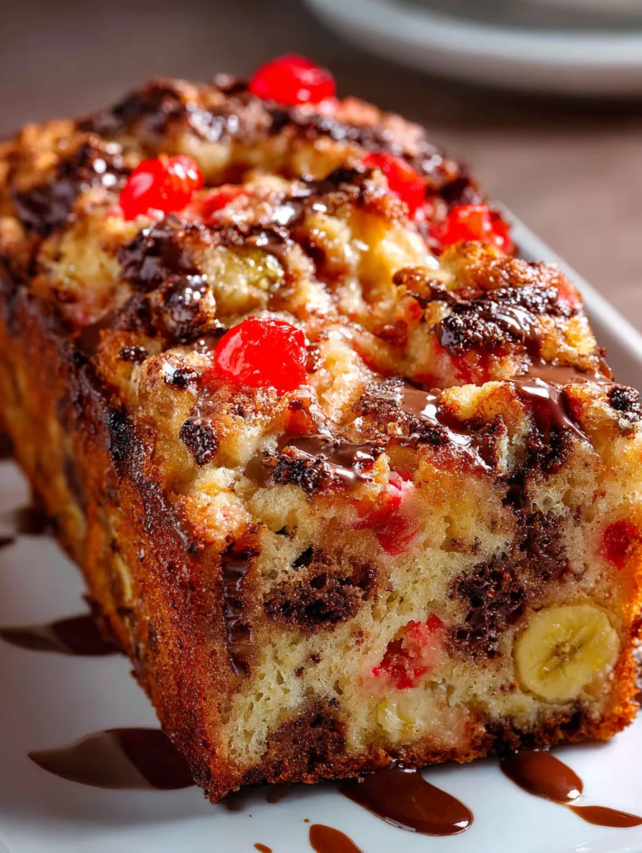 A slice sprinkled with banana chunks and chocolate pieces.