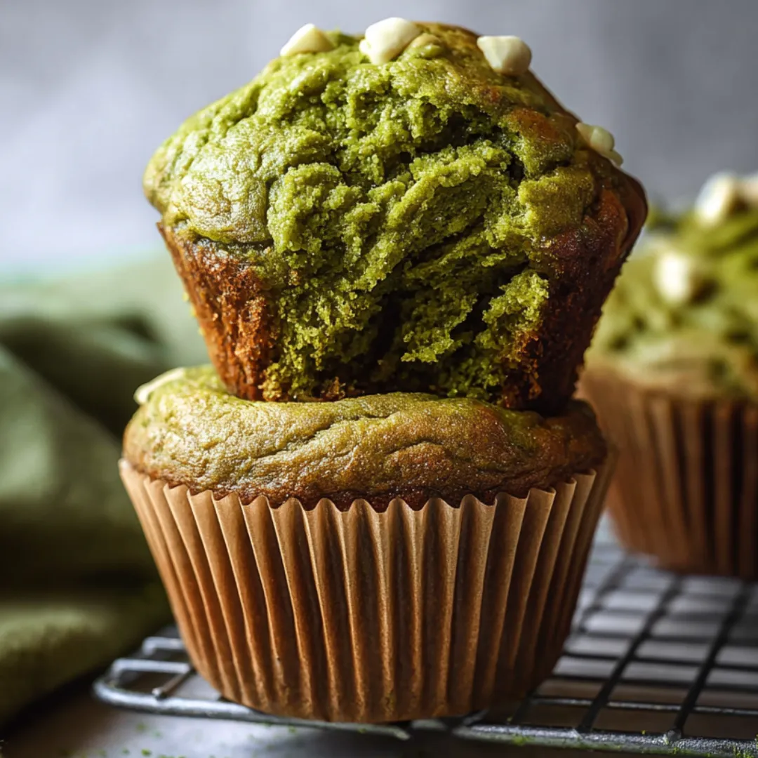 A fluffy green muffin topped with white chocolate.