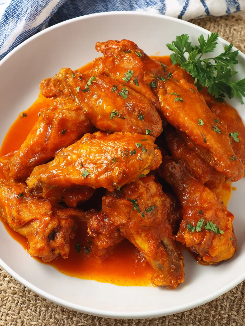A plate stacked with saucy chicken wings.