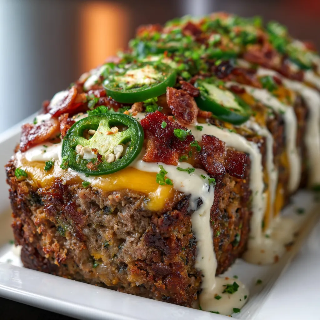Dinner plate featuring jalapeños and bacon-topped meatloaf.