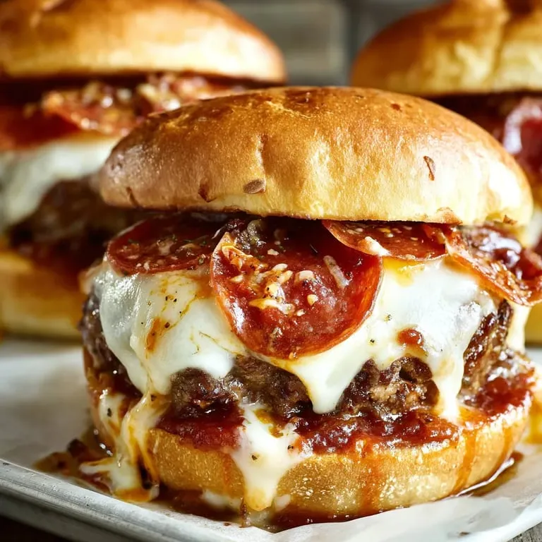 Two cheesy pepperoni burgers on a plate.