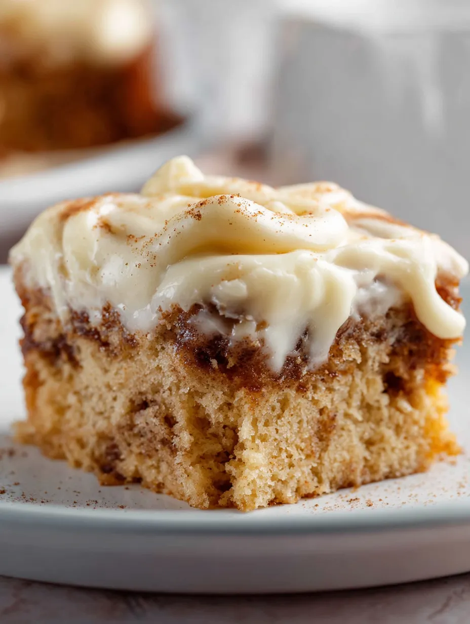 Cinnamon-topped cake slice with rich icing.