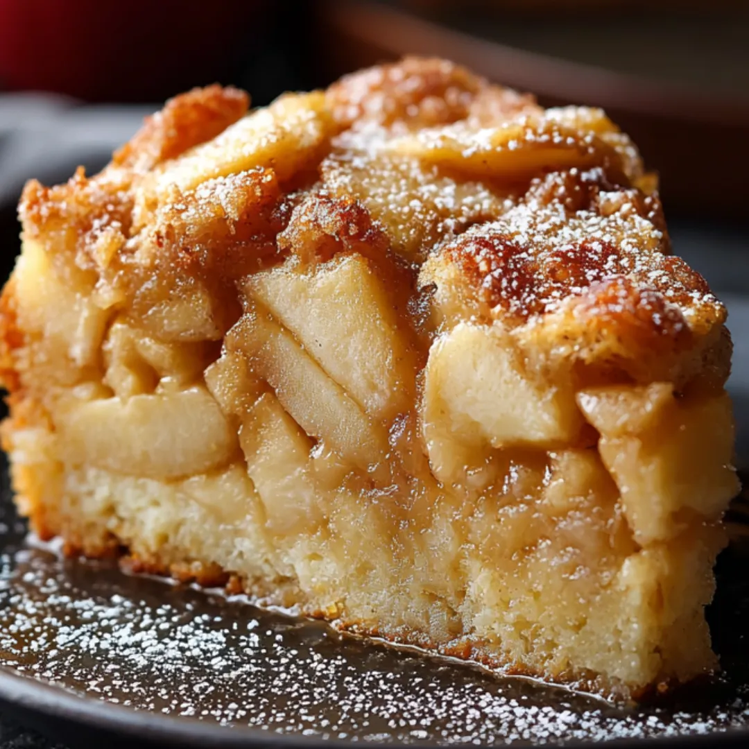 A piece of apple cake on a dish.