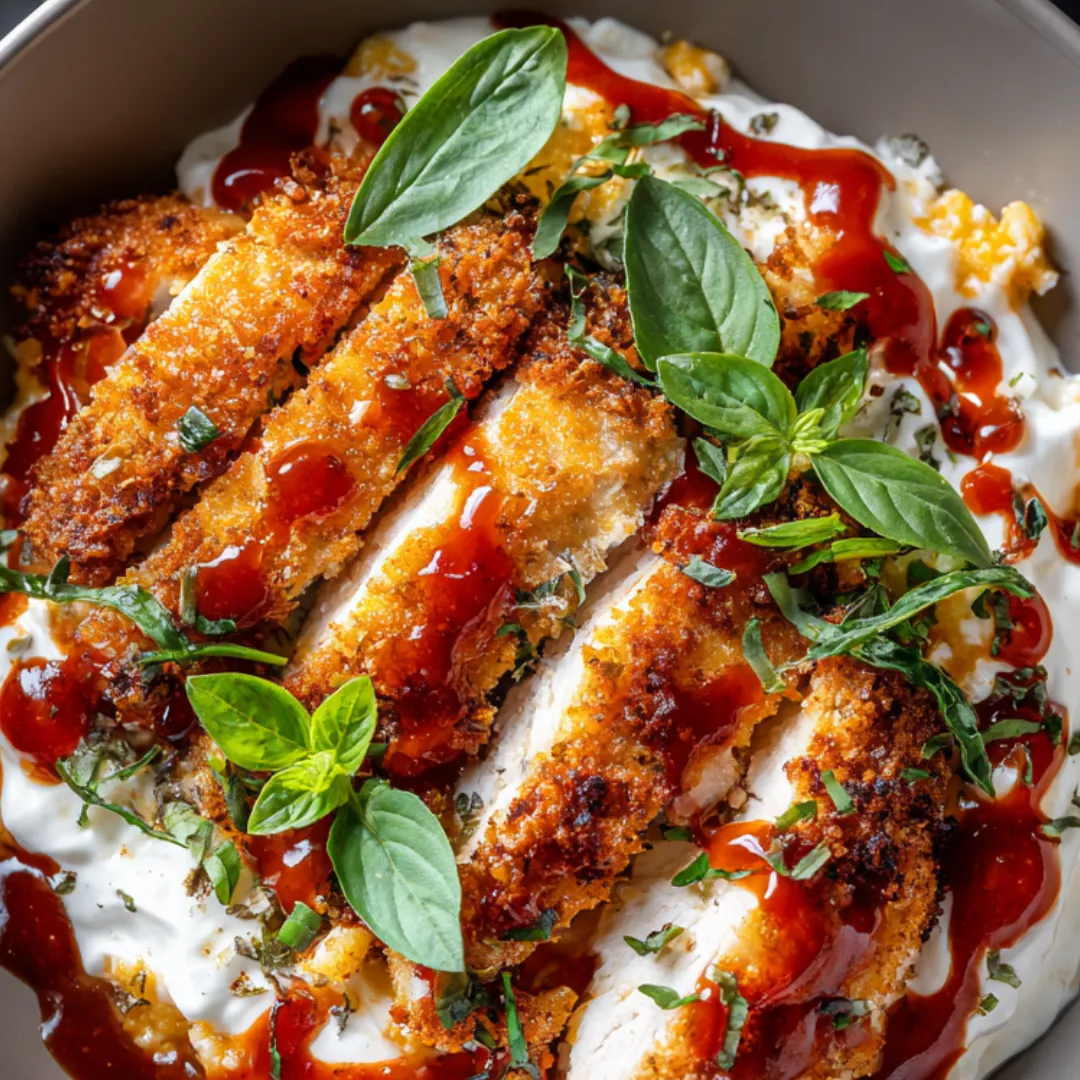 A big bowl with chicken, cheese, and tomato sauce on top.
