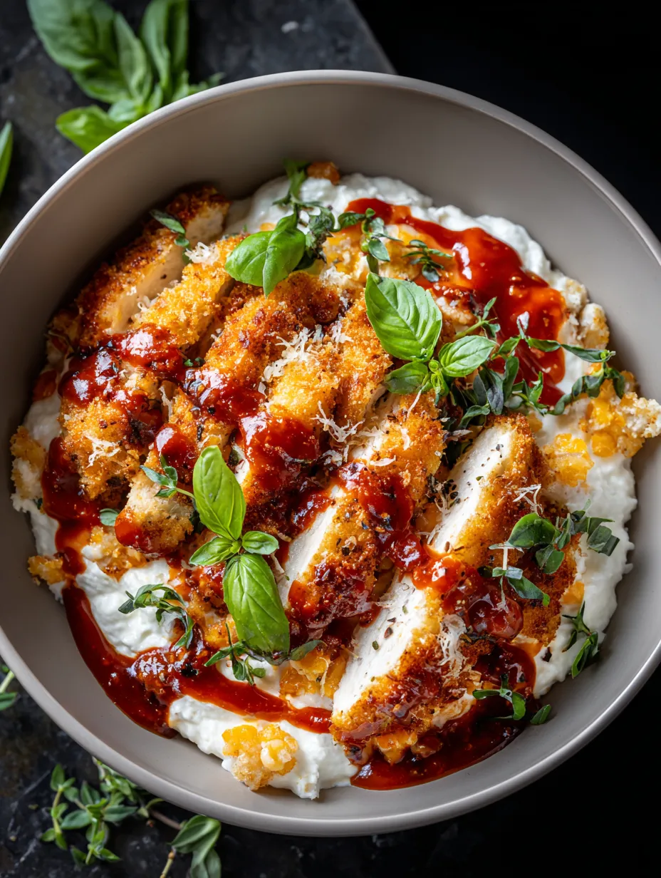 A bowl of food with chicken and sauce.