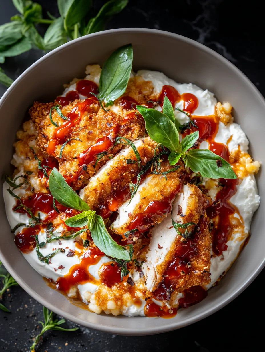 A bowl of food with chicken and sauce.