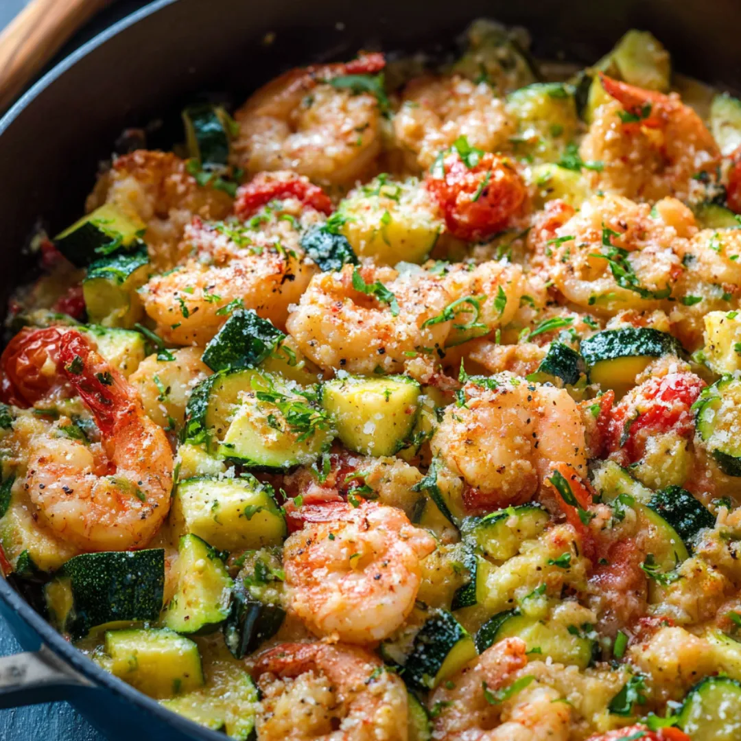 A bowl packed with shrimp tossed with veggies.