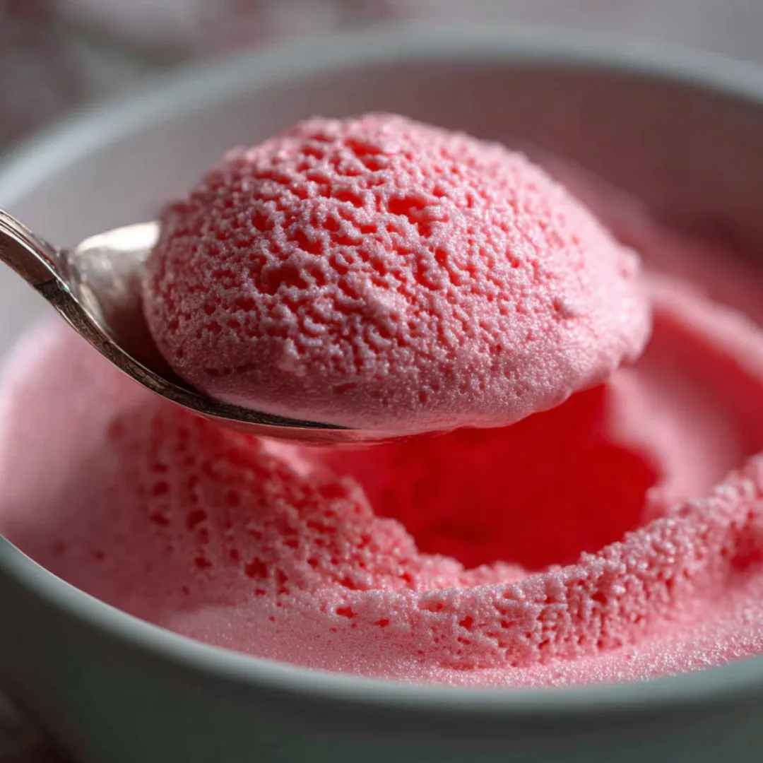 A scoop of pink, smooth frosting on a spoon.