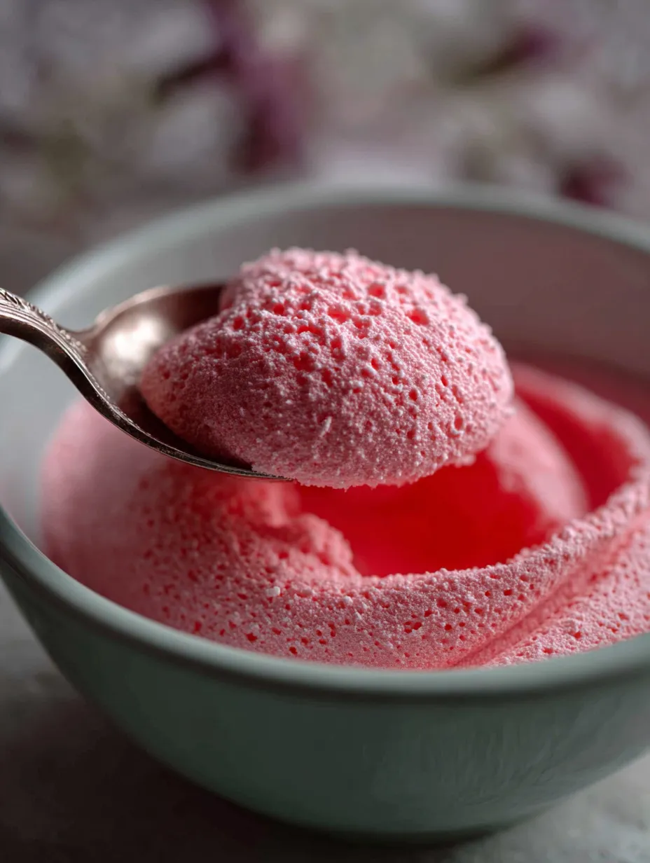 Pink whipped dessert in a bowl with a spoon.