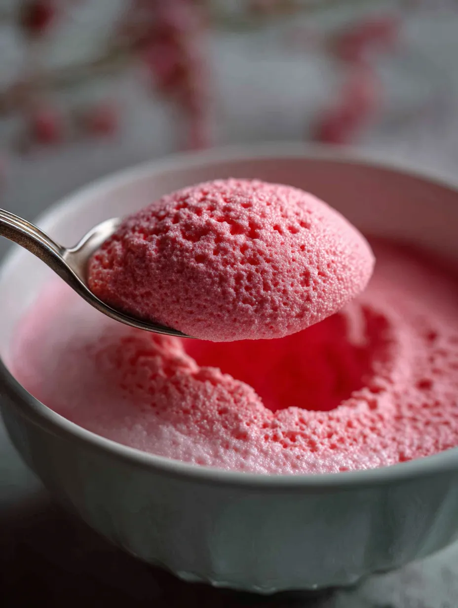 Pink whipped dessert in a bowl with a spoon.
