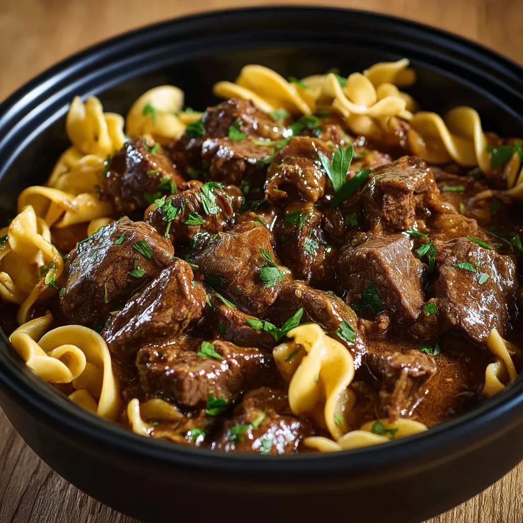 Big bowl of beef and noodles.
