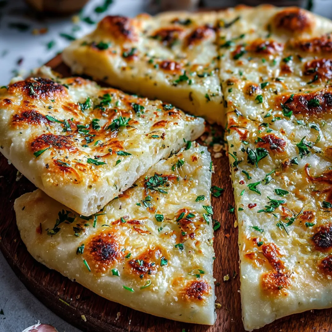 Cheesy flatbread with fresh herbs on a wooden board.