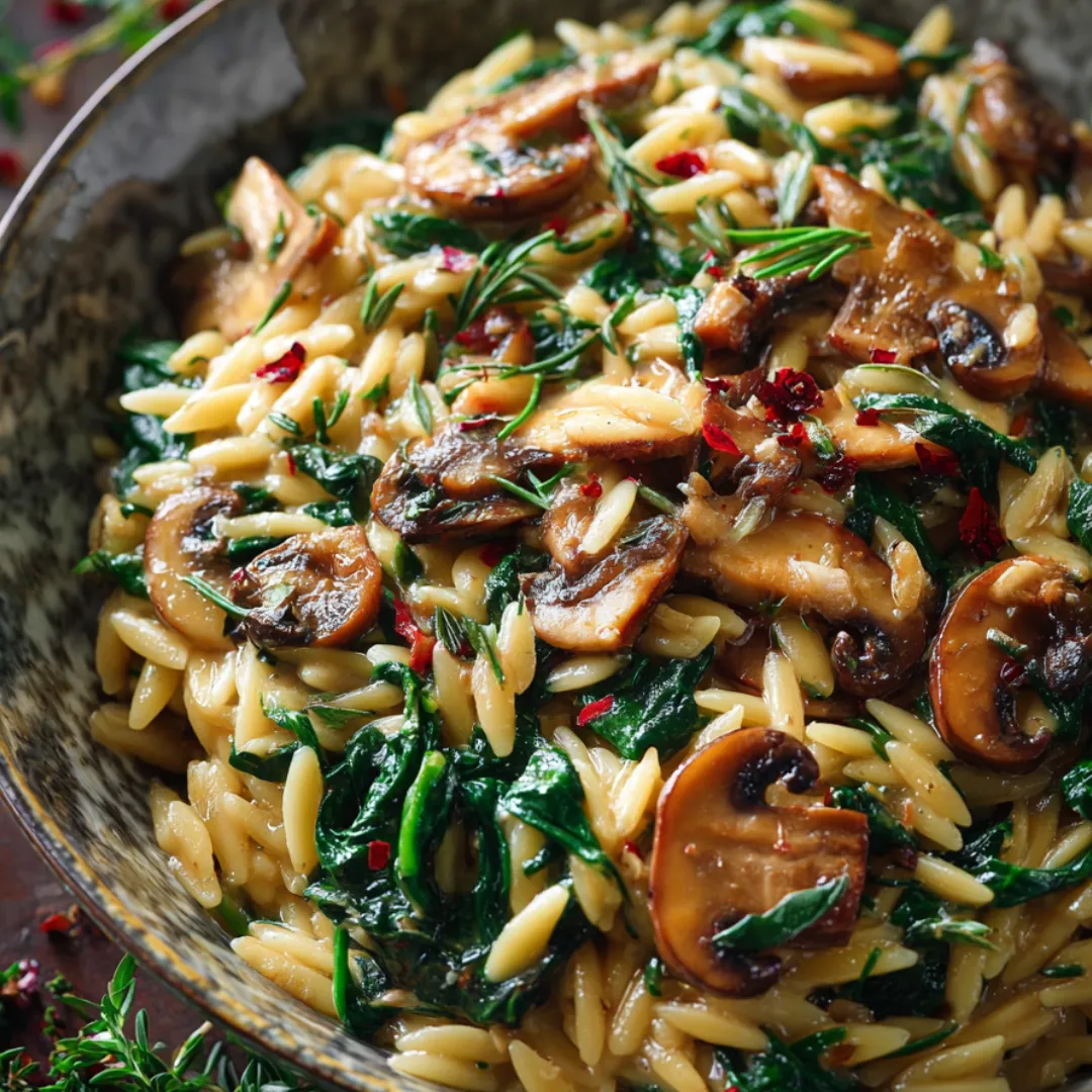 A bowl full of spinach, mushrooms, and orzo pasta.