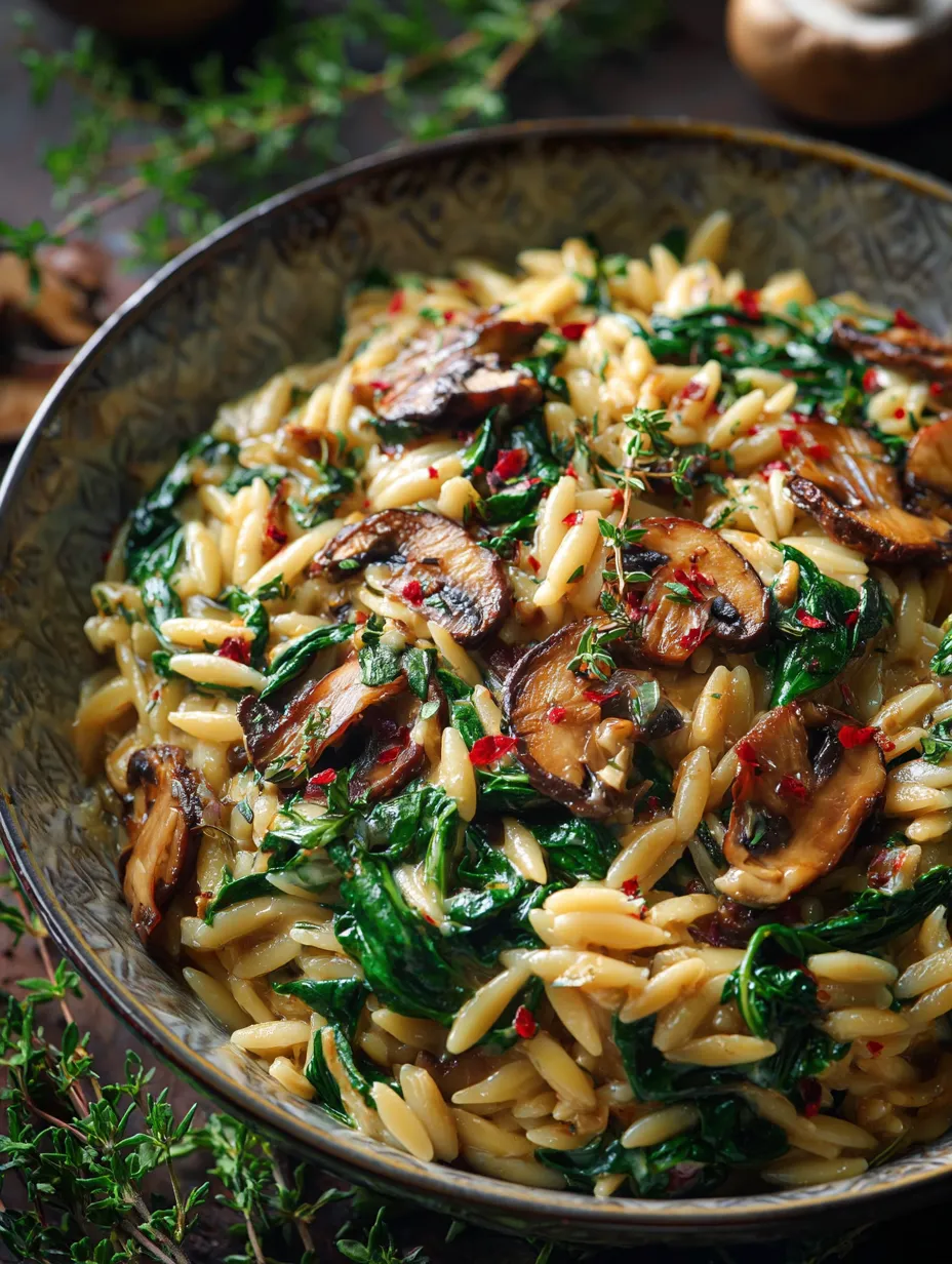 A bowl of pasta with mushrooms and spinach.